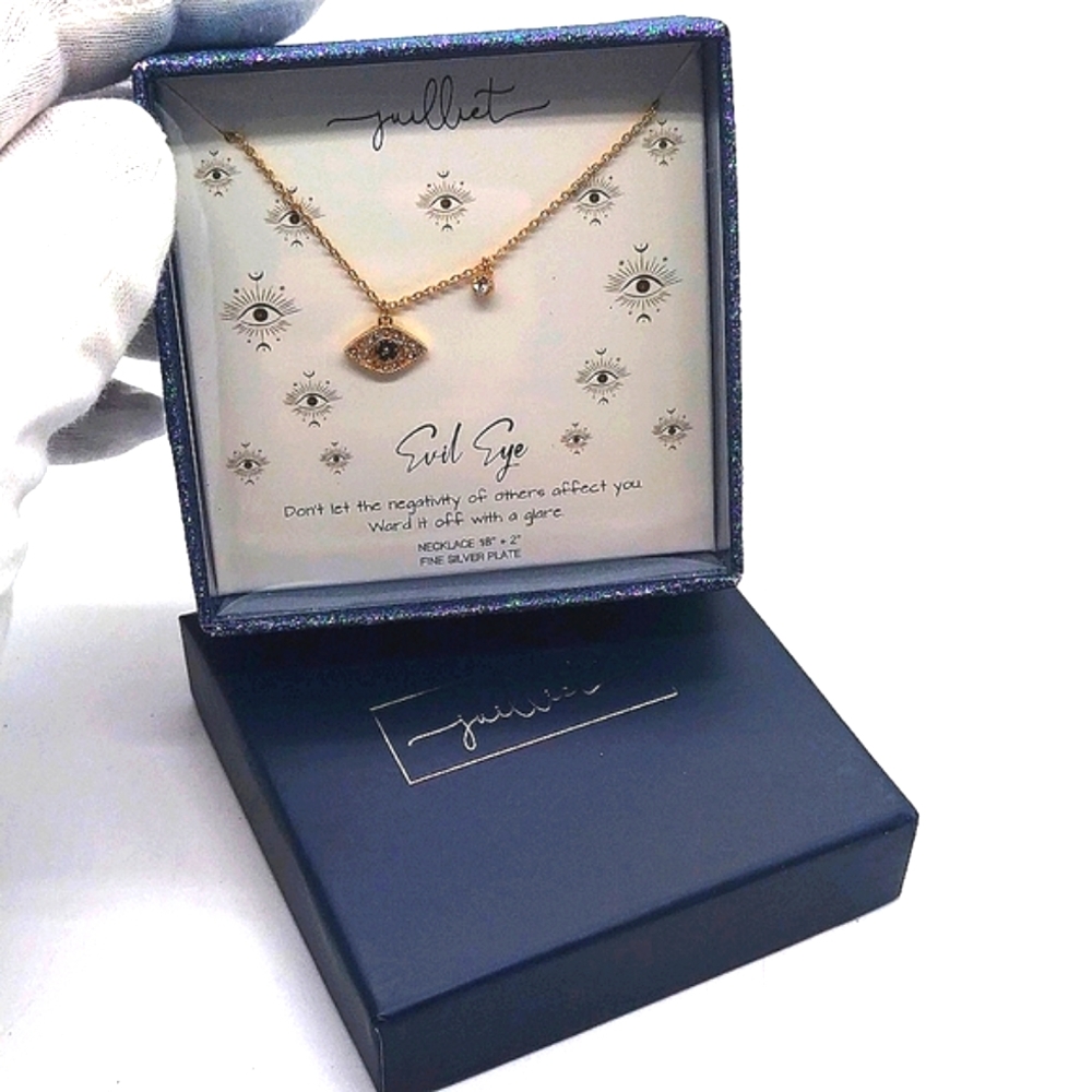 Juilliet Silver Plated Gold Hamsa Evil Eye with CZ Semi Precious Necklace Boxed